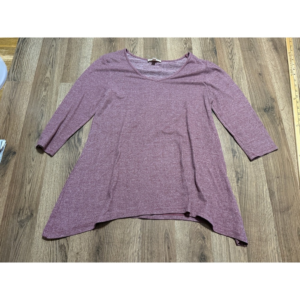 Como Blu Shirt Womens Size M Burgundy Marled V-Neck Sharkbite Hem 3/4 Sleeve